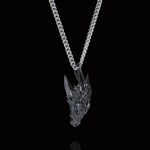 Mythic Trident Pendant Sterling Silver black rhodium and white chain Dragon head depth: 1 cm Dragon head length 3 cm Weight: 9.