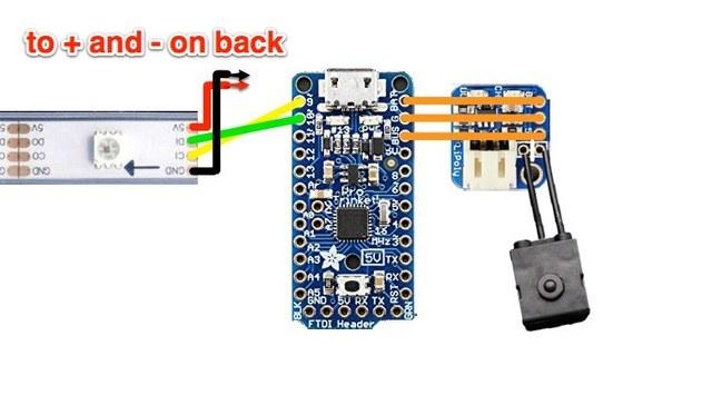 The LiPoly Backpack is designed to piggyback atop the Pro Trinket board. The diagram shows them side-by-side to make the connections clear, but in reality just use a 3-pin header to stack them.