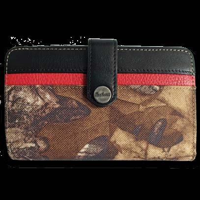 full grain waxy leather trim Pop color leather detail Twelve credit card pockets Two billfolds with zippered change pocket Zippered outer closure Wrist strap Heat