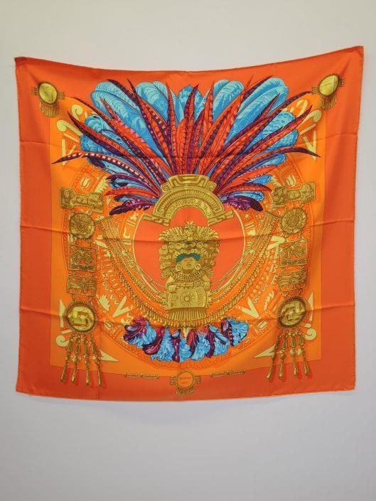 HERMÈS Orange Mexique by Cathy Latham Scarf Sold in one day for $299. 02/18/17 If you are looking for a brighter version of the Mexique scarf, then this one will catch your eye.