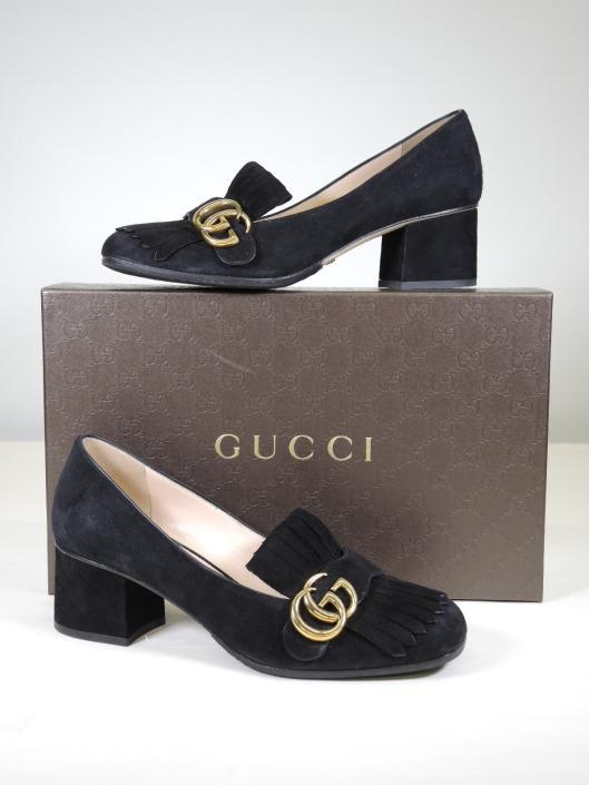 GUCCI Black Suede Marmont Fringe Pump, Size 8 Retails for $750, sold in one day for $249. 01/21/17 This easy-to-wear short block heel is hardly a pump, and for that, we are grateful.