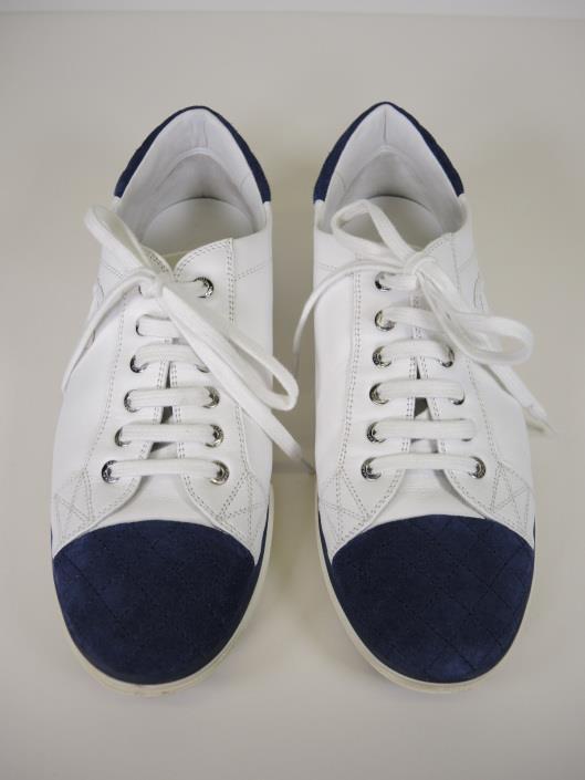 CHANEL White Leather Sneakers with Navy Quilted Suede Cap Toe and Heel, Size 10 Sold in one day for $249.