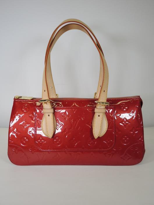 LOUIS VUITTON 2008 Red Rosewood Avenue Monogrammed Vernis Shoulder Bag Retailed for $1100, sold in one day for $799.