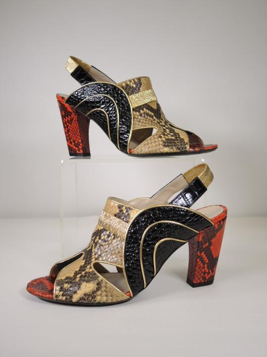 DRIES VAN NOTEN Black, Tan, and Red Python and Stamped Leather Slingback Heels, Size 8.5 Sold in one day for $199.