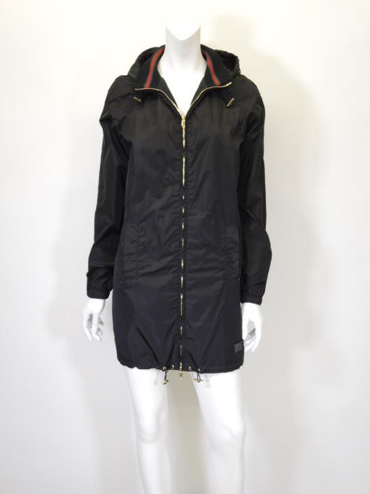 GUCCI Black Nylon Hooded Coat with Signature Striped Collar, Size S Sold in one day for $399.