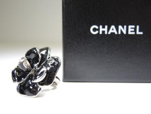 CHANEL Sparkling Black Enamel on Silver Camellia Ring, Size 7 Sold in one day for $329.