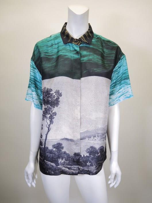 DRIES VAN NOTEN Mixed Printed Silk Blouse Size 12 Sold in one day for $159. 03/11/17 Another example of Van Noten s mixed prints comes with this short sleeve silk blouse.