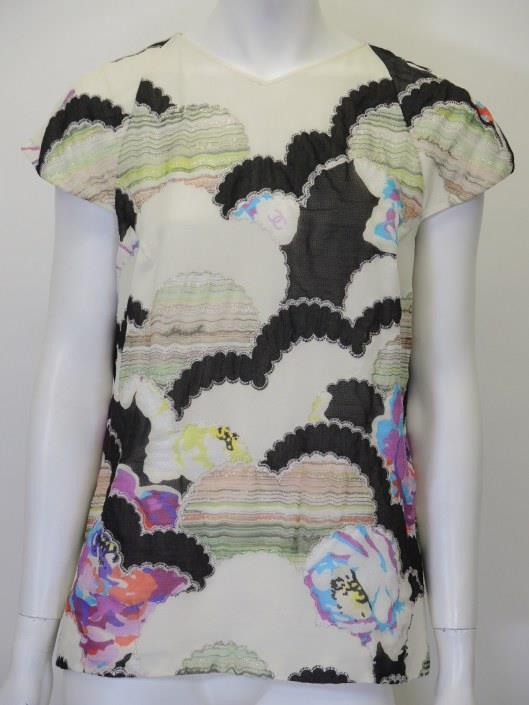 CHANEL Cream and Black With Colorful Patchwork Silk Blouse, Size 10 Sold in one day for $299.