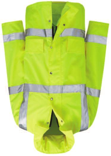 HI VIS TRAFFIC JACKET ¾ length jacket with a concealed open ended front zip fastening and press stud storm flap. Fixed and concealed hood with draw cord and bell toggles.