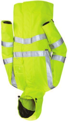 HI VIS BREATHABLE BOMBER JACKET 300 denier PU coated breathable polyester fabric. Fully taped seams. Yellow mesh lining. Concealed hood with draw cord & toggles. Heavy duty 2 way zip.