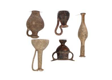 8cm high; an unglazed jug with a bulbous body, 15cm high; and an amphora, not ancient, 18cm high (5) Provenance: Ex collection of Professor Robert McElderry (1869-1949) acquired in Greece in the
