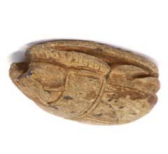earring with an inscribed figure of a king wearing the blue crown with a nefer sign behind him, early New Kingdom; a second scarab on a modern hoop earring attachment inscribed with a mirror image of