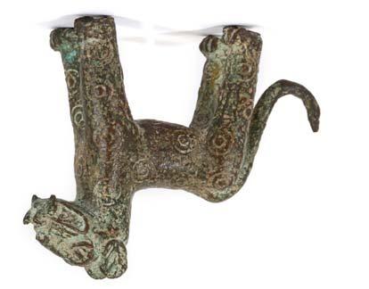 217 218 218 TWO YORUBA BRONZE RATTLES, NIGERIA Two square form anklet rattles with rounded edges, decorated with foliate motifs; A piece of Manilla currency, and further piece of currency.