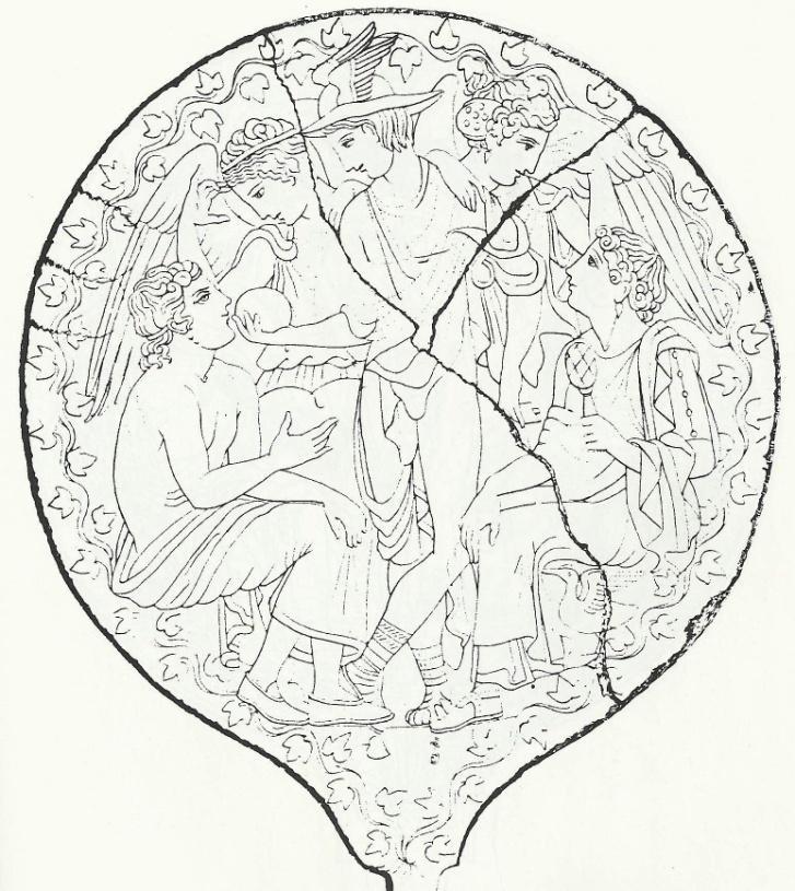 P a g e 102 Figure 49: Lausanne mirror: The delivery of the egg by Hermes. 4 th century BCE.