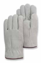 S-L 2503 A-grade grain palm, gray split back, lap seam index finger, straight thumb, regular thread. S-L 1551 B-grade wing thumb cowhide combination driver, with full grain wrap around index finger.