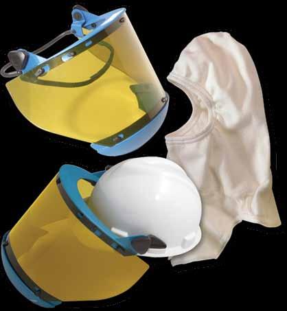 The protective hood fits over any standard hard hat, and incorporates an ANSI Z87-1 approved face shield. It also features a shoulder notch for stability, and a 15-inch front bib for added protection.