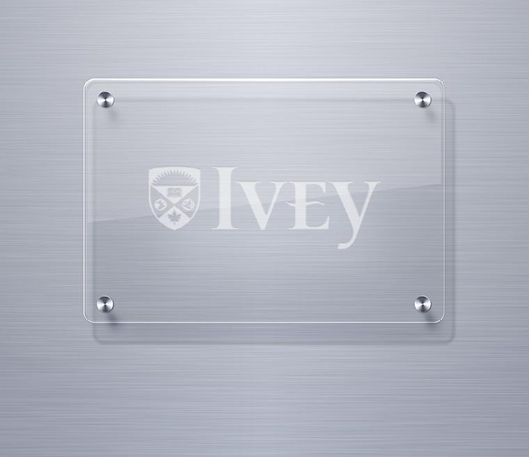 Printed Glassware When using the Ivey signature or logo on clear glass (ex: mugs, glass cups) in the form of silk screening, heat transfer or vinyl, the Reversed White OR Full Colour signature/logo