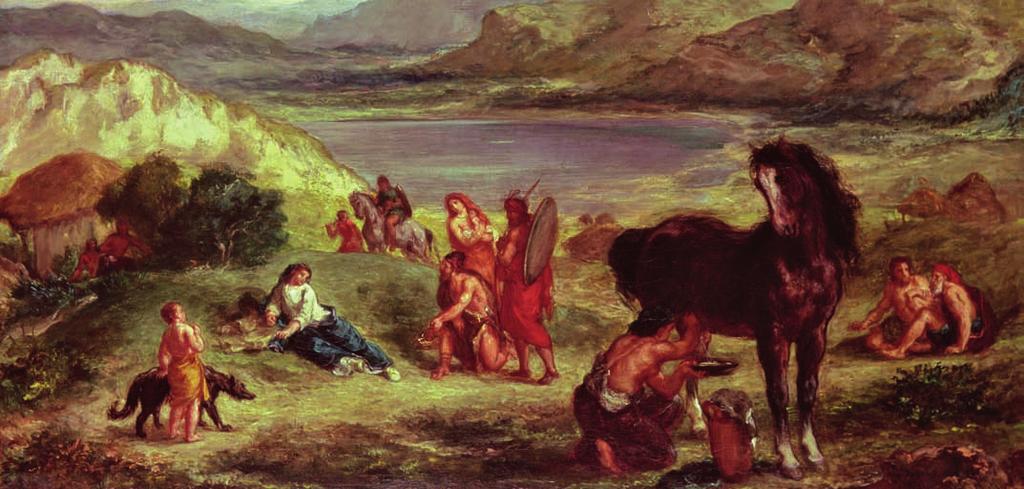 An 1859 painting by French artist Eugène Delacroix depicts Scythians riding, relaxing, and milking a mare on steppeland along the Black Sea.