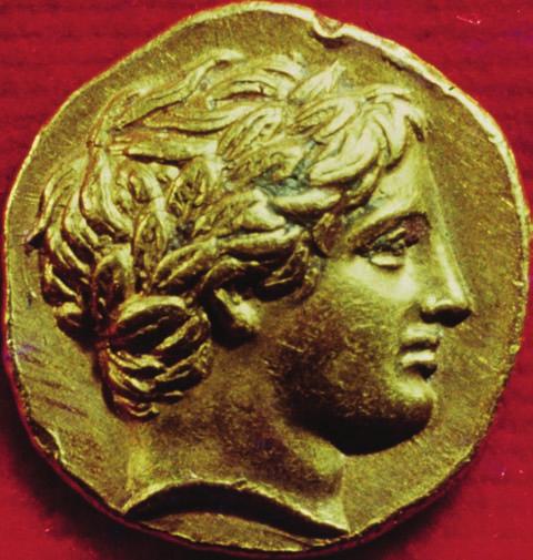On a gold coin issued during his reign, Philip II is portrayed wearing the laurel wreath of the Greek god Apollo. of the Danube, in what is now Romania.