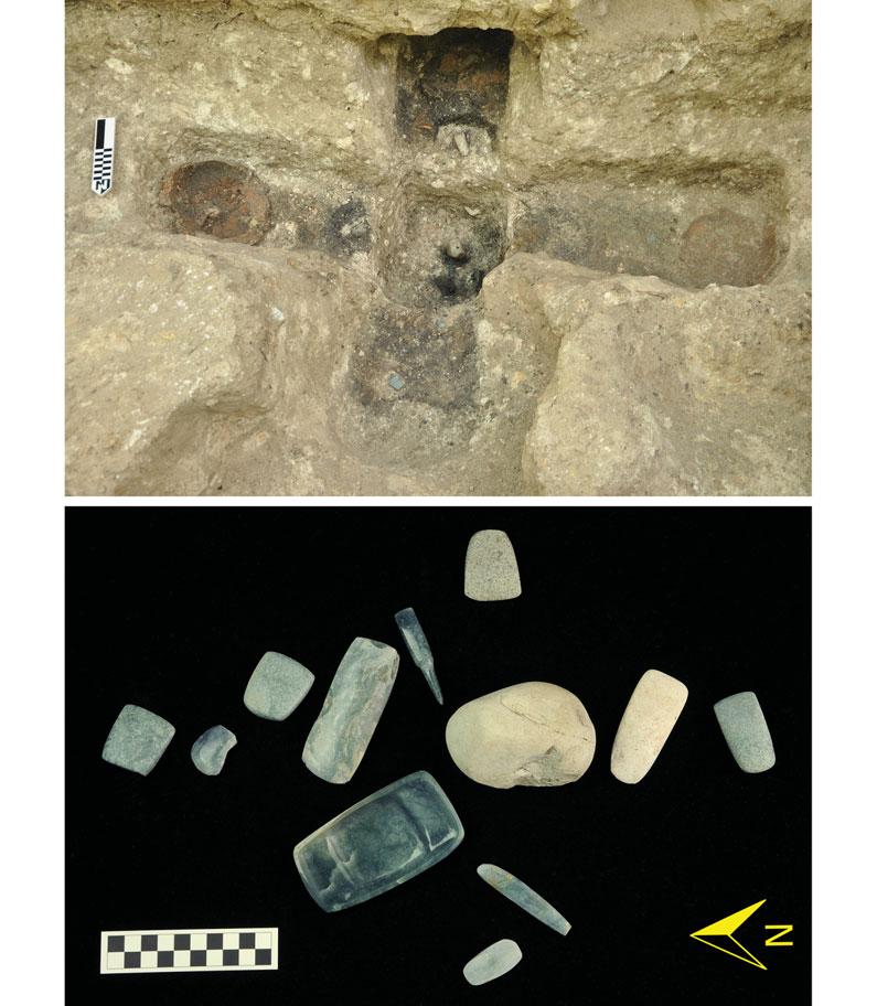 Kazuo Aoyama et al. Figure 7. Cache 171. Top: photograph taken during excavation. The dark soil probably resulted from intense burning (photograph by Flory Pinzón).
