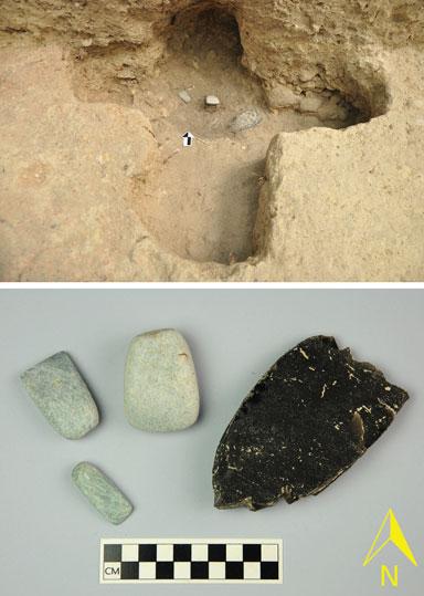 Figure 9. Cache 180. Top: photograph taken during excavation (photograph by Flory Pinzón).