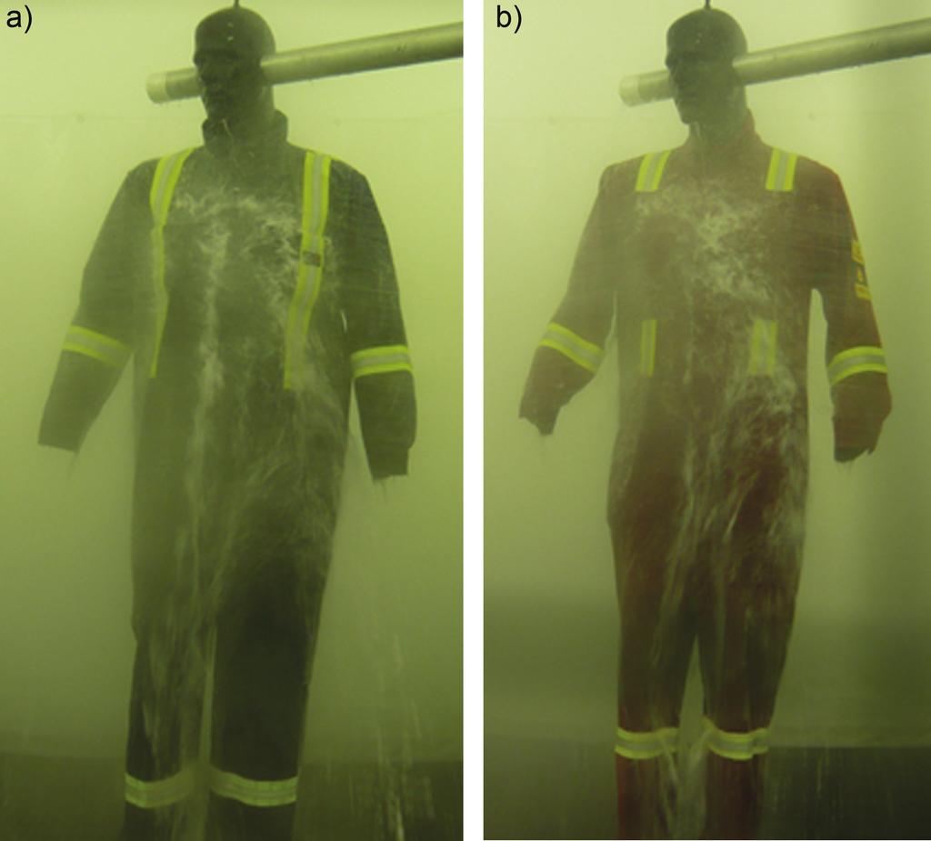 Performance of protective clothing upon hot liquid exposure 799 Fig. 4. Garment contour of G6 and G1 during hot water spray. 2001). These fundamental factors were applicable to all permeable garments.
