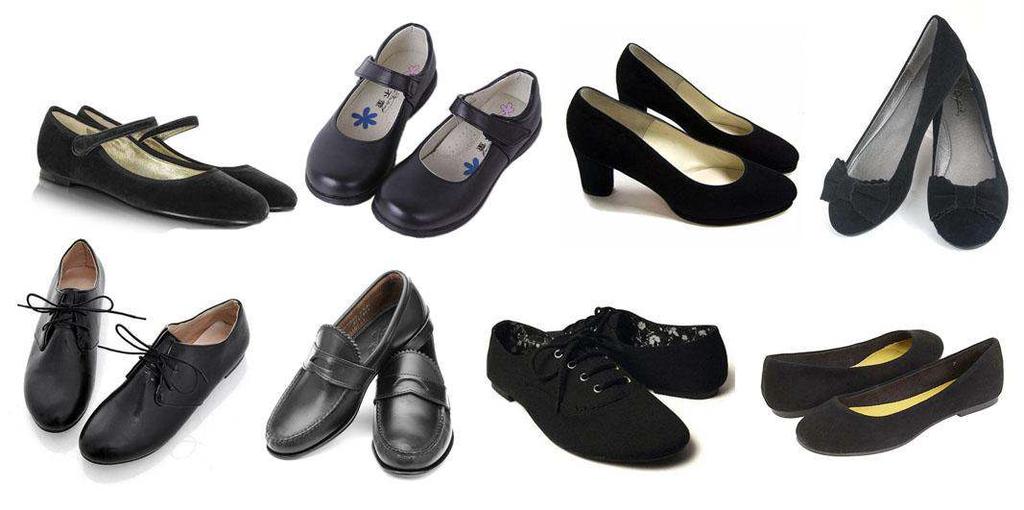 Flat, Penny Loafer style; heel cannot be greater than two inches. Must be all black and have black laces.