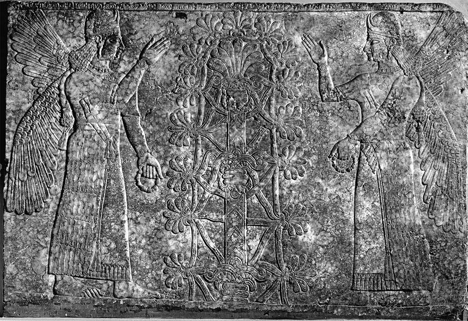 6. Relief showing female genies flanking a Sacred Tree, from room I, Northwest Palace, Nimrud, Iraq. Neo-Assyrian, ca. 875 860 B.C. Gypsum, 46 x 68 1 2 in. (117 x 174 cm).