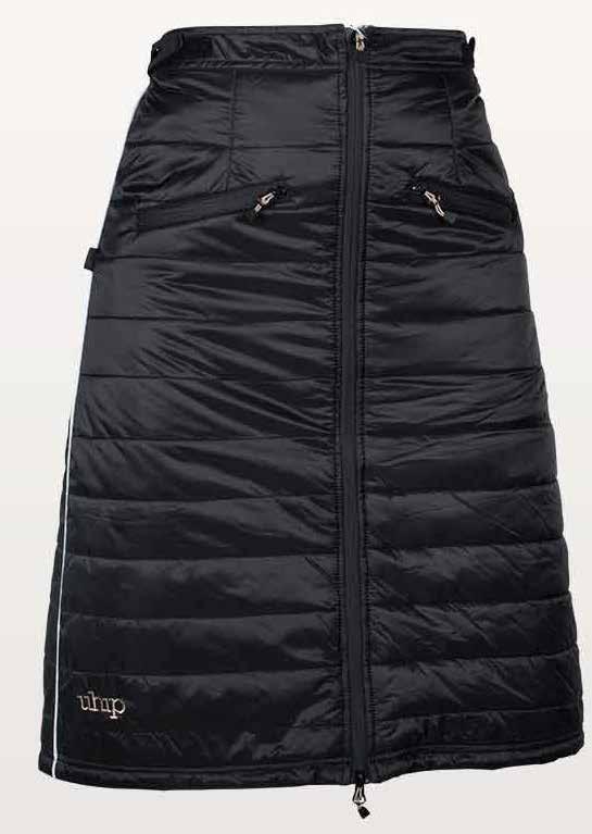 A classic black thermal skirt with zippers at front and rear that keeps you warm during activities such as horse back riding, biking, walking cross country skiing etc.