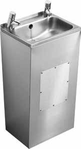 Stainless steel sheet washbasin can be fitted with a shroud to conceal plumbing fittings.