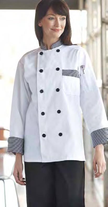 <newport Easy-care 65/35 poly cotton twill Create an upscale look with these two exciting fashion forward chef coats.