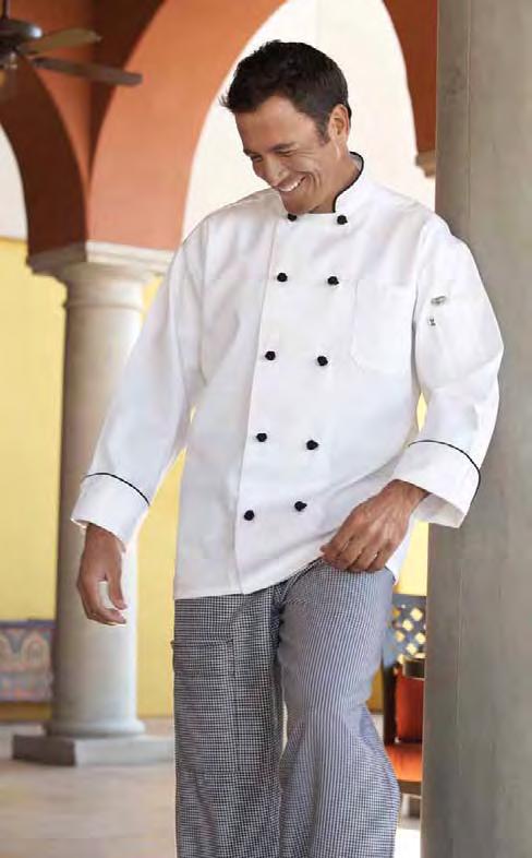 46. >Sienna Easy-care 65/35 poly cotton twill Yoke back, double-needle construction and 12 cloth-covered buttons give this chef coat a classy look at a very reasonable price.