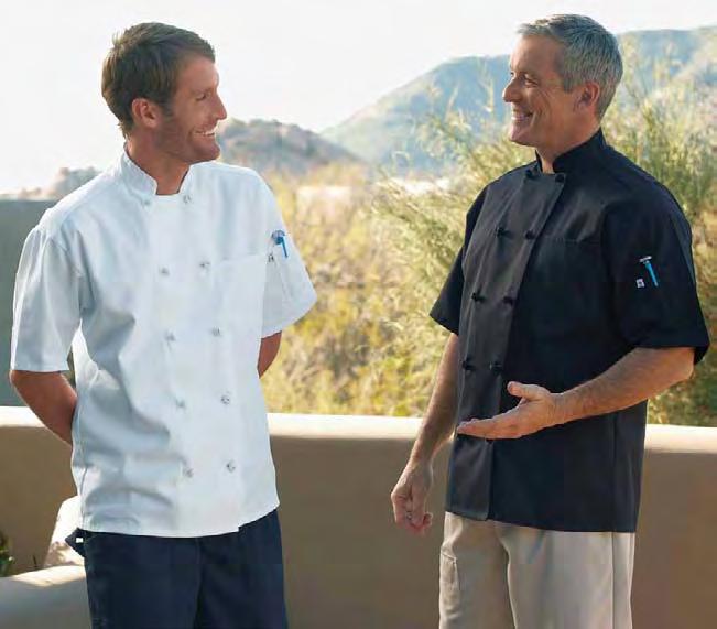 Cool off with this comfortable yet hard working short sleeve chef coat with 10 buttons. Mitered breast pocket, thermometer pocket, reinforced bar tacking, finished collar, reversible closure.