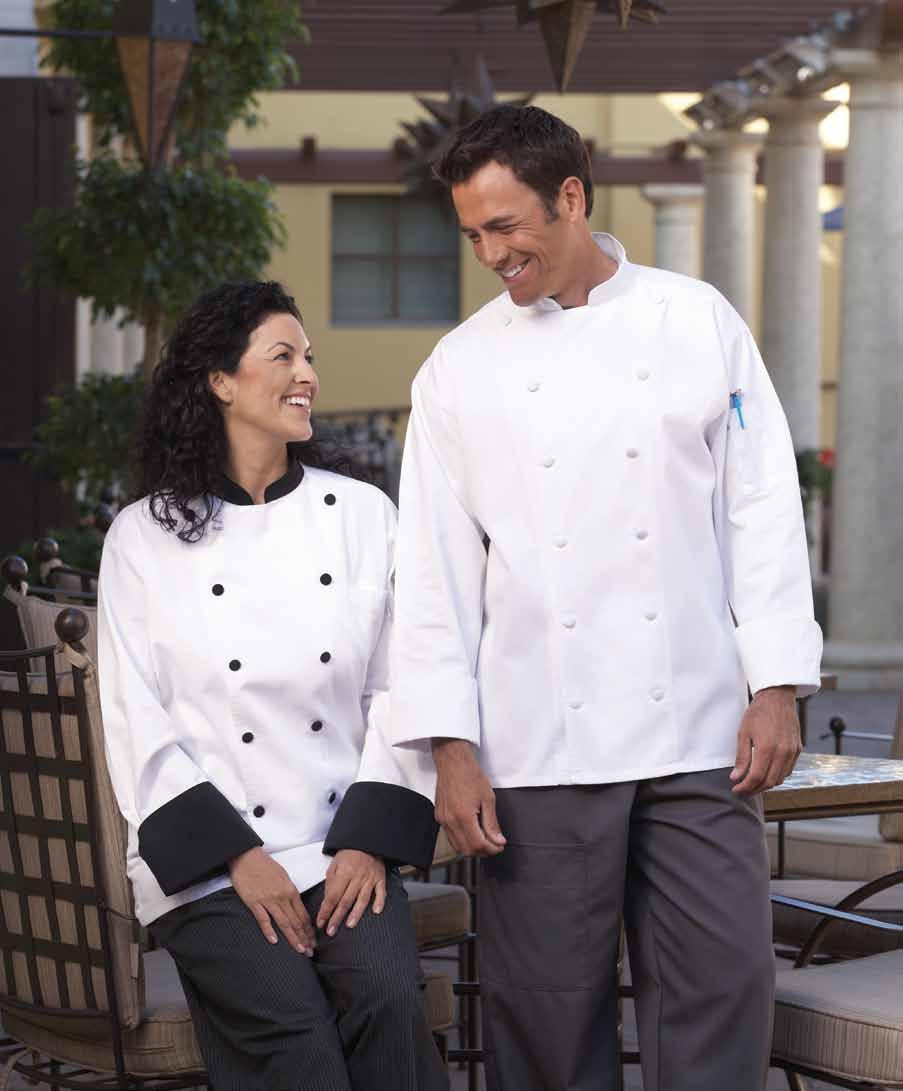 <Le Grand 100% premium cotton twill Classy and unique. This chef coat with black collar, cuffs and 12 black cloth-covered buttons is a compliment to any formal atmosphere.