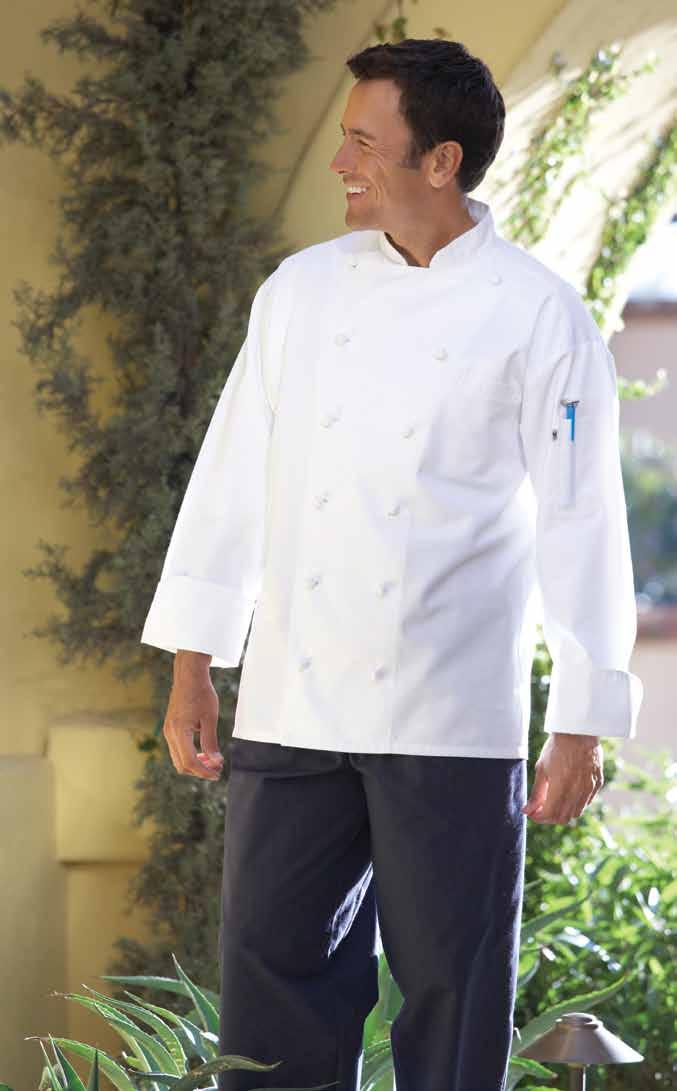 <San Marco 100% premium cotton twill Soft cotton, a crossover collar, white hand rolled buttons and black piping around the neck, cuffs and pocket make this chef coat a sharp looking addition to any