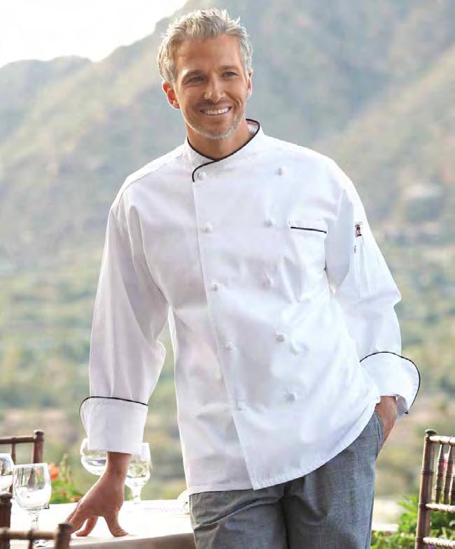 #0445C >Carrara 100% premium cotton twill All the luxury of pure cotton and 12 hand-rolled cloth buttons gives this executive chef coat a touch of class.