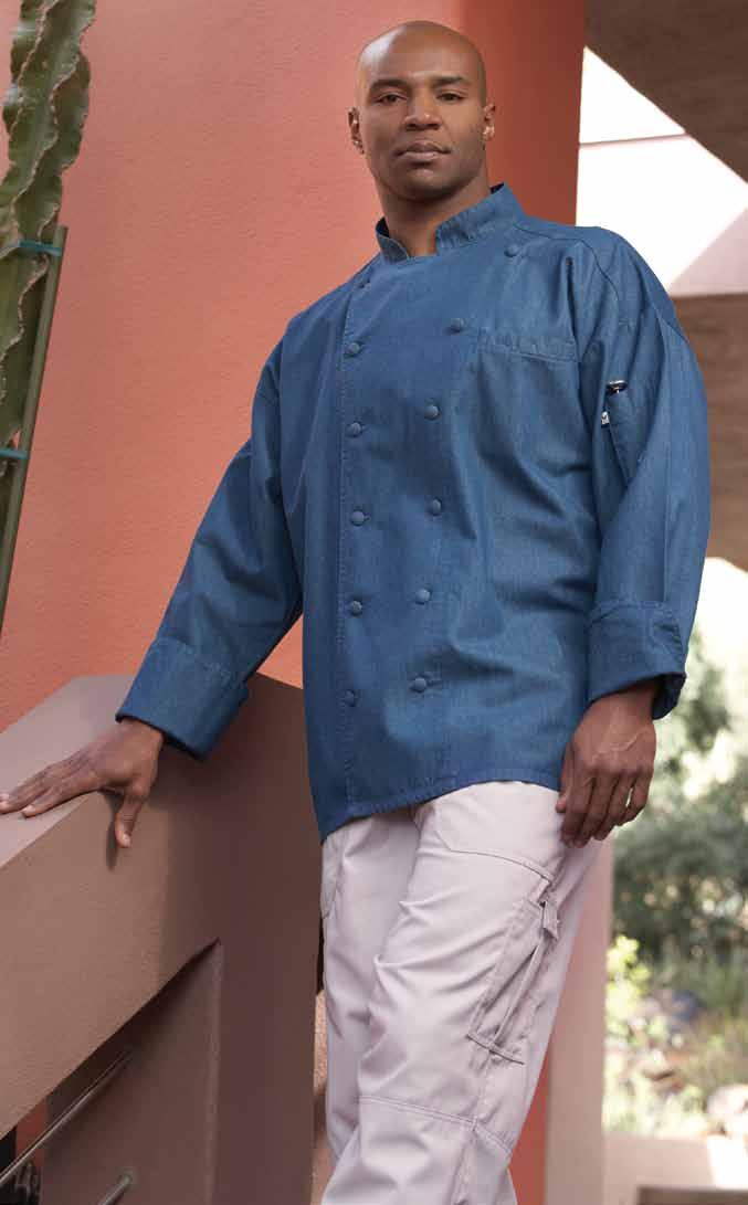 #0442C >SantA Fe 100% premium cotton twill - 6.5 oz. Washed chambray with 12 clothcovered matching buttons gives this executive-style chef coat a fun, casual look.
