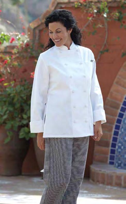 #0425C >Navona for women 100% premium cotton twill Specifically styled for women, this executive level chef coat with 12 cloth-covered buttons provides
