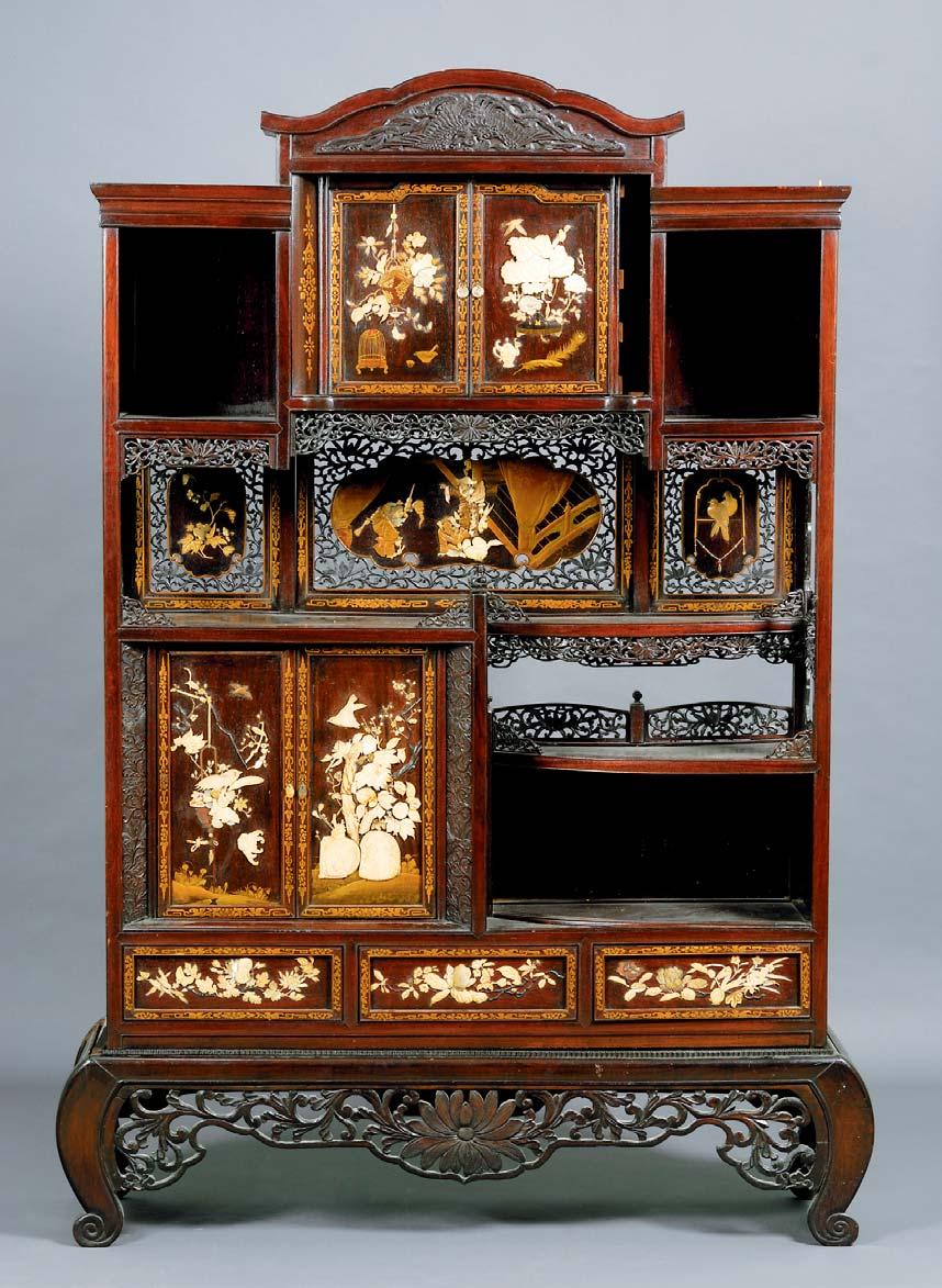 887 891. Cabinet, Korea, early 20th century, inlay of mother-of-pearl in tortoiseshell in patterns of cranes and flowering trees, ht. 54, wd. 36, dp. 19 1/2 $600-800 892.