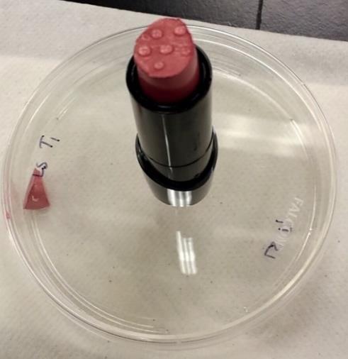 Cosmetic and Brush Inoculation Cosmetics, eyeshadows and lipsticks, were inoculated with 10 µl of a 10 6 CFU/ml cell suspension applied dropwise with a pipette across the