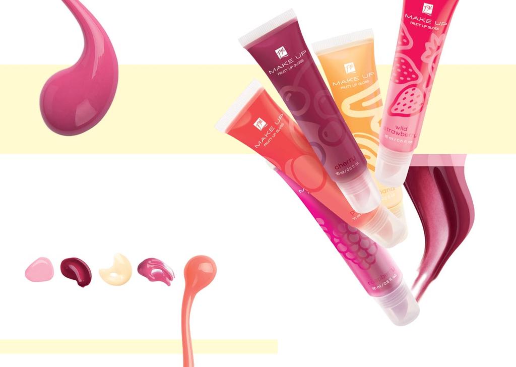 »LIPS» FRUITY LIP GLOSS fruity lip gloss succulent and fruity tempting aroma of delicious wild strawberries, bananas, cherries, peaches or raspberries shiny colours subtly emphasise the colour and
