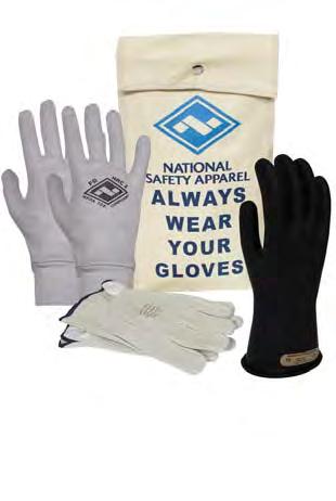 Always wear leather protectors over rubber voltage gloves ASTM F696 NFPA 70E-2012 8-12 Kit includes ArcGuard Rubber Voltage Gloves, ArcGuard FR Knit