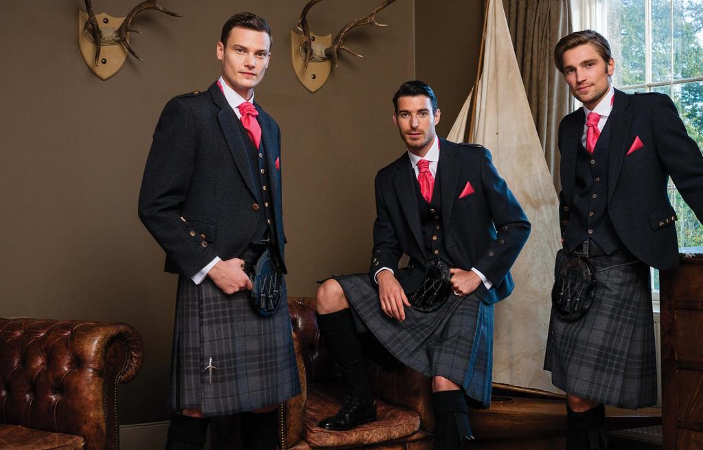 Grey Spirit Kilt Worn with Grey Tweed Jacket, 5-Button Waistcoat, Victorian Collar Shirt, Dark Cantle Sporran, Raspberry Ruche and matching Hankie Times may change and fashions come and go, but one