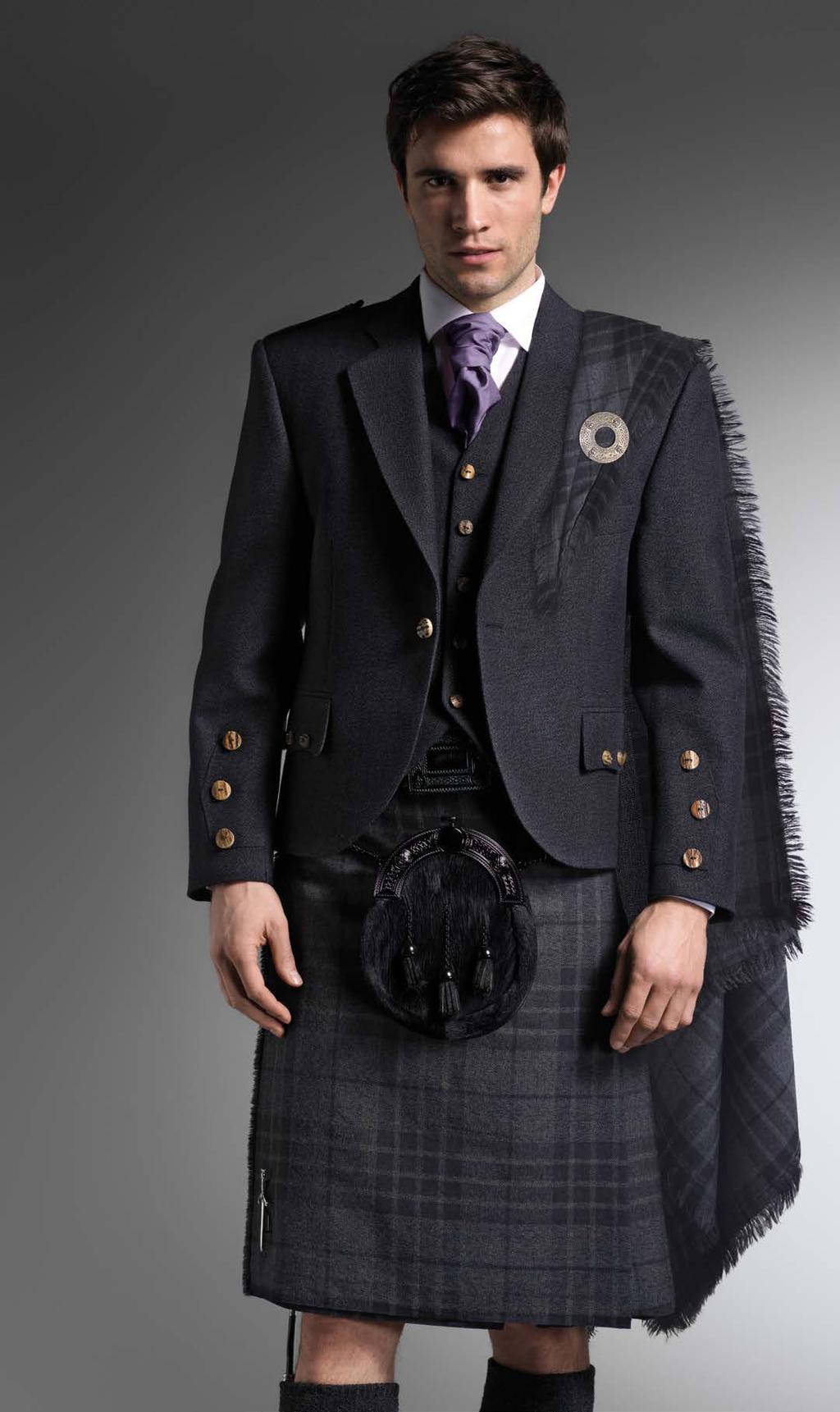 Grey Spirit Kilt Worn with Grey Tweed Jacket, 5-Button Waistcoat, Victorian Collar Shirt, Grape Ruche, Dark Cantle Sporran