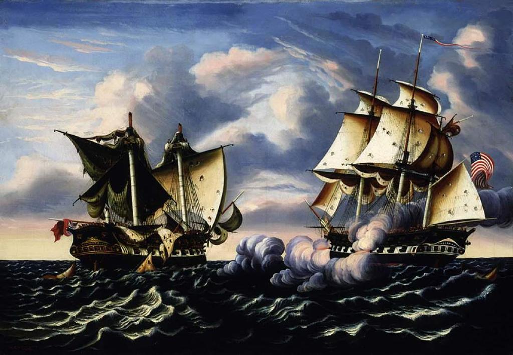 LEQ: What country did the United States fight in the War of 1812? The painting shows British frigate Macedonian, her masts and sails destroyed, being fired upon by the U.S. frigate United States during the War of 1812.