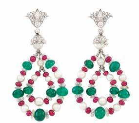 76 79 80 77 78 81 76 Pair of White Gold, Emerald, Diamond and Ruby Bead, ultured Pearl and Diamond Pendant-Earrings Topped by fanned plaques centering 2 marquise-shaped and 2 round diamonds