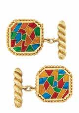 $1,800-2,200 136 Pair of Gold and Plique-à-Jour Enamel ufflinks, arvin French The octagonal plaques centering colorful plique-à-jour enamel polygons, outlined in beaded gold,