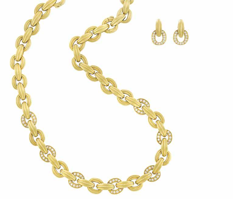 153 154 152 155 152 Gold and Diamond Necklace/Bracelet ombination and Pair of Earclips, Barry Kieselstein-ord omposed of modified stepped cushion-shaped brushed gold links accented by polished gold