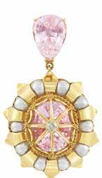 , set with 6 flexibly-set sugarloaf cabochon pink, blue and yellow sapphires approximately 33.40 cts., spaced by 2 round and 2 baguette diamonds approximately.