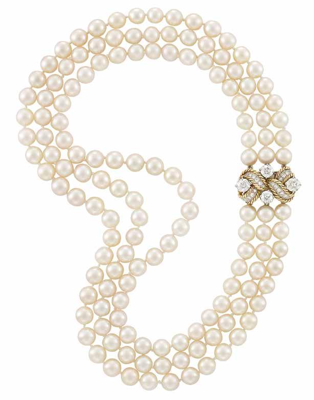 208 206 204 Triple Strand ultured Pearl Necklace with Gold, Platinum and Diamond lasp, Verdura The pearls approximately 8.4 to 7.6 mm.